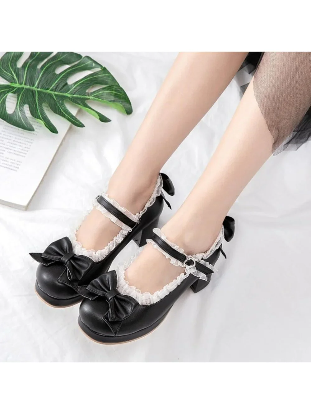 Kawaii Mid Block Heel Mary Jane Pumps with Bow | Rockabilly Style Shoes for